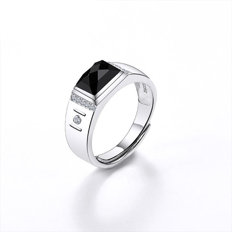 Men's Sterling Silver 925 Black Agate White Gold Plated Open Ring