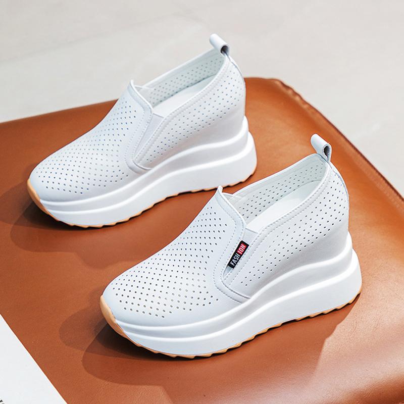 Fashion Spring Summer Genuine Leather Shoes Women Fashion Sneakers Ladies Flat Platform Height Increasing 10cm Black White Shoes D401