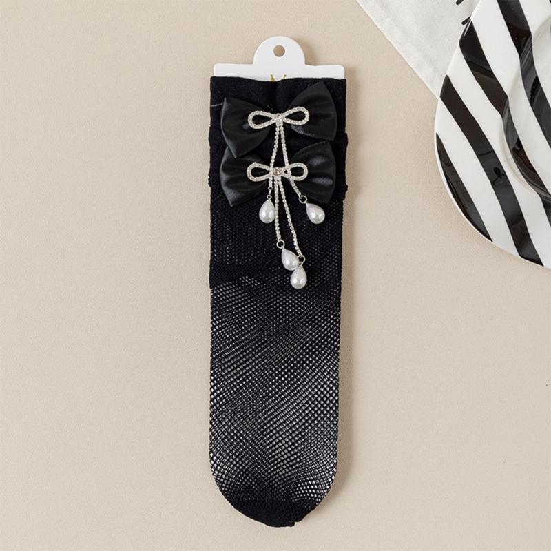 Pack of 1 Pair Girls Breathable Mesh Knee Length Socks Bowknot Accent Socks Stretchy Comfort for 3-10Y Kids