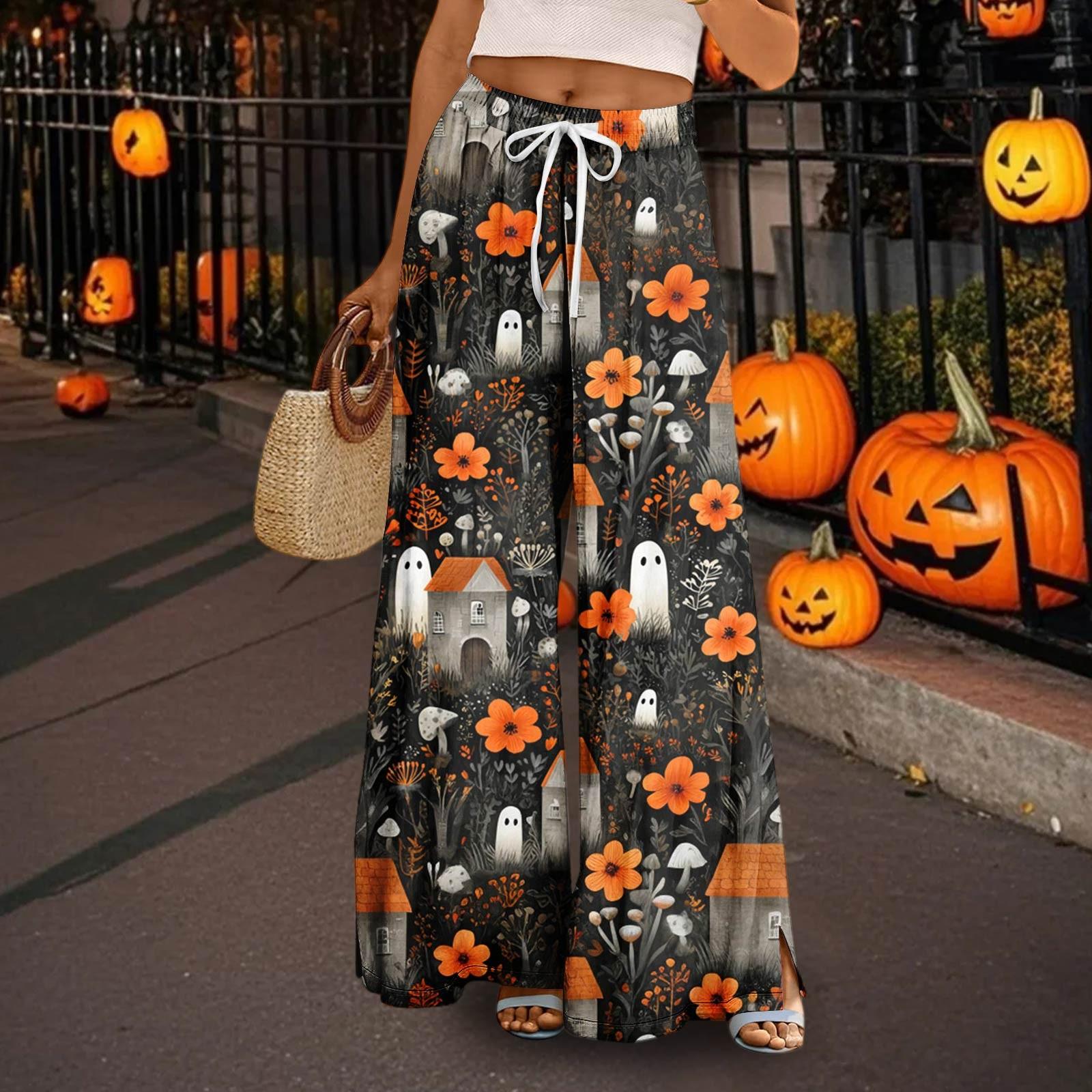 

Women s Casual Wide Leg Pants Stretch Belt Pocket Print Adjustable Tie Pants M шафрановий