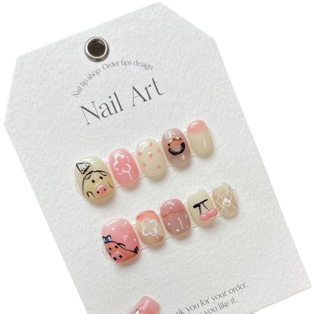 HANDMADE Artificial Nail 3D Piggy Flower Donut Cherry Cute Phototherapy Nails Reusable and Removable Nails