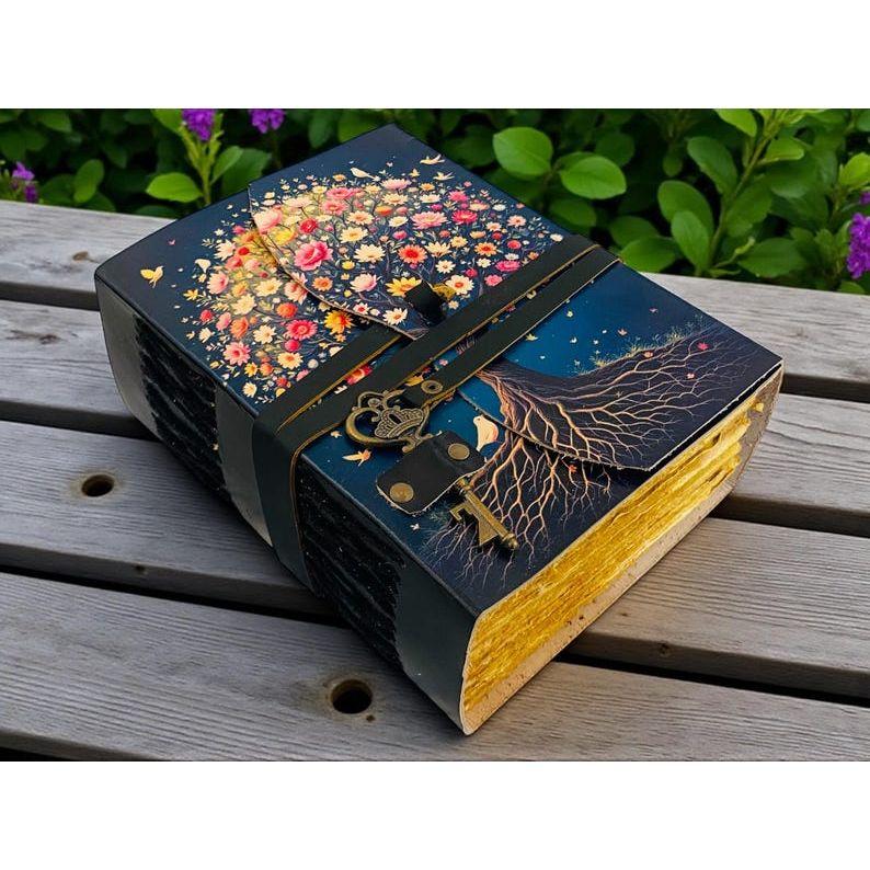Tree of Life Grimoire – Vintage Leather Boho Notebook with Key | Deckle Paper Journal for Wiccans, Writers & Dreamers Diary