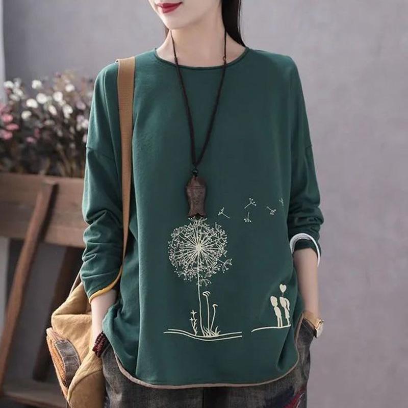 

Футболка с длинными рукавами Four Seasons Plus Size Literary, женская свободная повседневная рубашка-топ на весну и осень 3XL зелёный