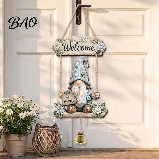 Outdoor Courtyard Decoration Wooden Gnome Door Hanger with Bell, Country Garden Welcome Sign Front Porch Hanging Swing Wall Plaque, Farmhouse Ornament