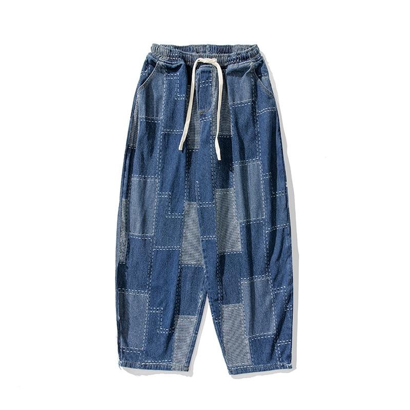 Autumn and Winter Large Size Japanese Retro Loose Wide-leg Straight Pants Plaid Patch Jeans Trendy Men's Trousers