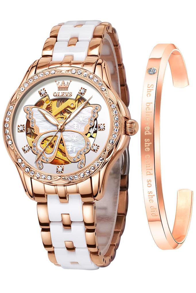 OLEVS Women's Popular Waterproof Ceramic Mechanical Watch with Date Display and Bracelet, White, Perfect Gift for Women