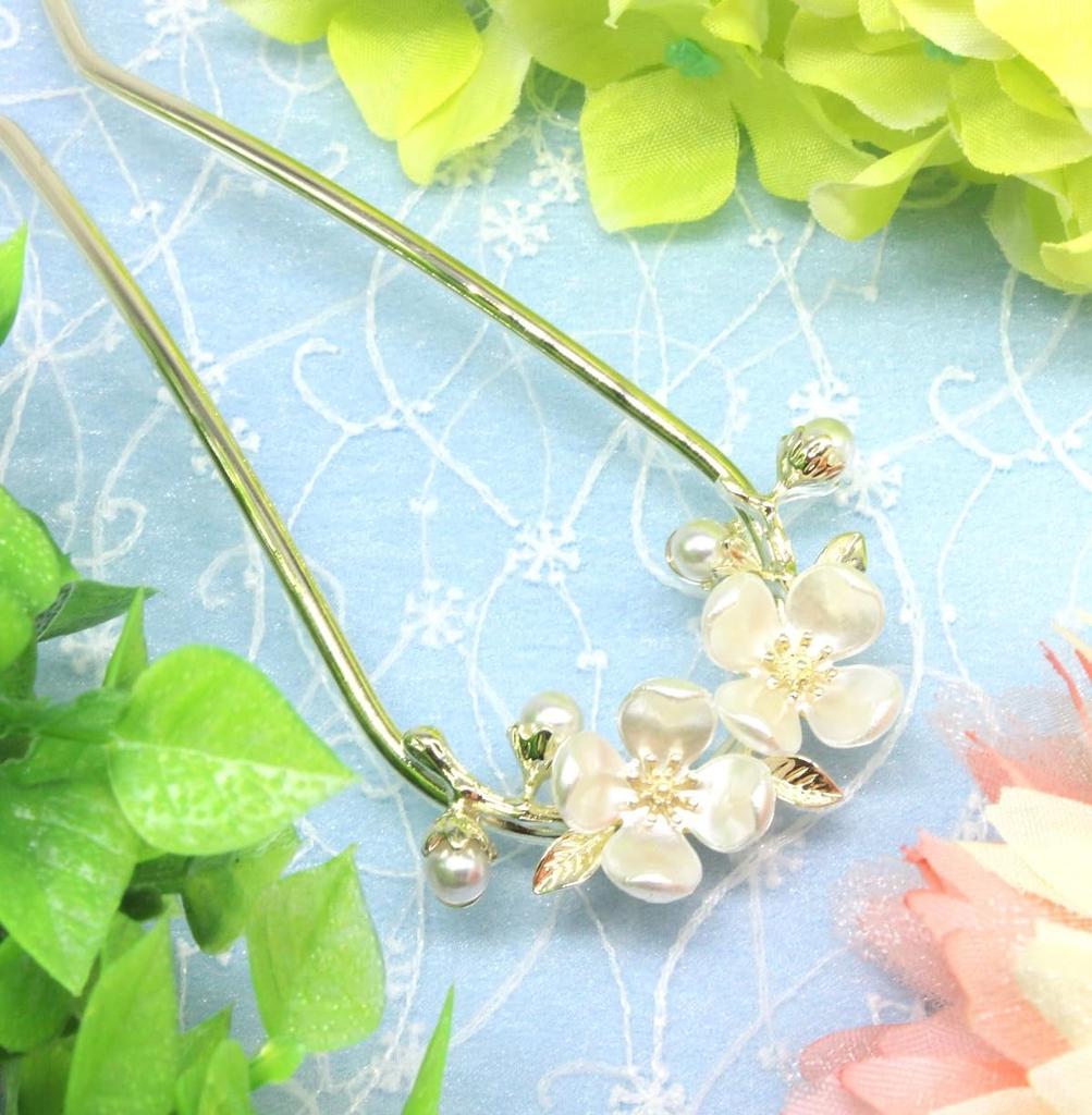 [Miaomyao] Kanzashi U-shaped Hair Ornament for Japanese Clothing, Yukata, Kimono, Pearl, White Plum Blossom, Gold, Antique Hair Accessory