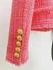 2025 Autumn/Winter European & American Fashion Pink Tweed Wool Jacket with Beaded Badge