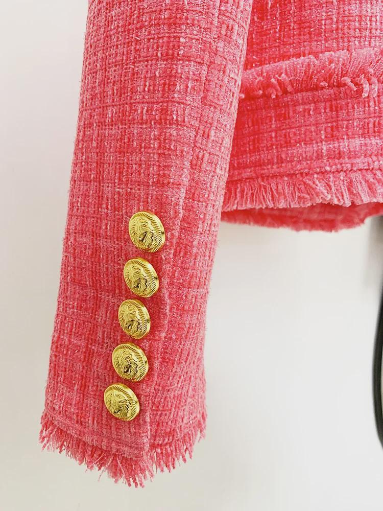 2025 Autumn/Winter European & American Fashion Pink Tweed Wool Jacket with Beaded Badge
