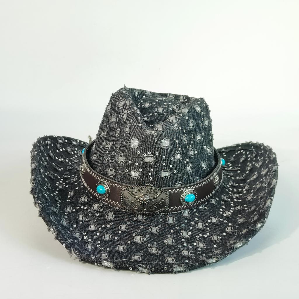 Vintage Denim Cowboy Hat For Men Women Cowgirl Hat Belt Hand-Torn Tassels Jazz Cowboy Hatfedora Hat Cloche Church Sombrero