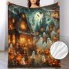 Spooky Gothic Victorian Haunted House Flannel Blanket with Glowing Jack-O'-Lanterns, Bats & Ghosts - Soft Warm All-Season Cozy Throw for Bed, Couch, T
