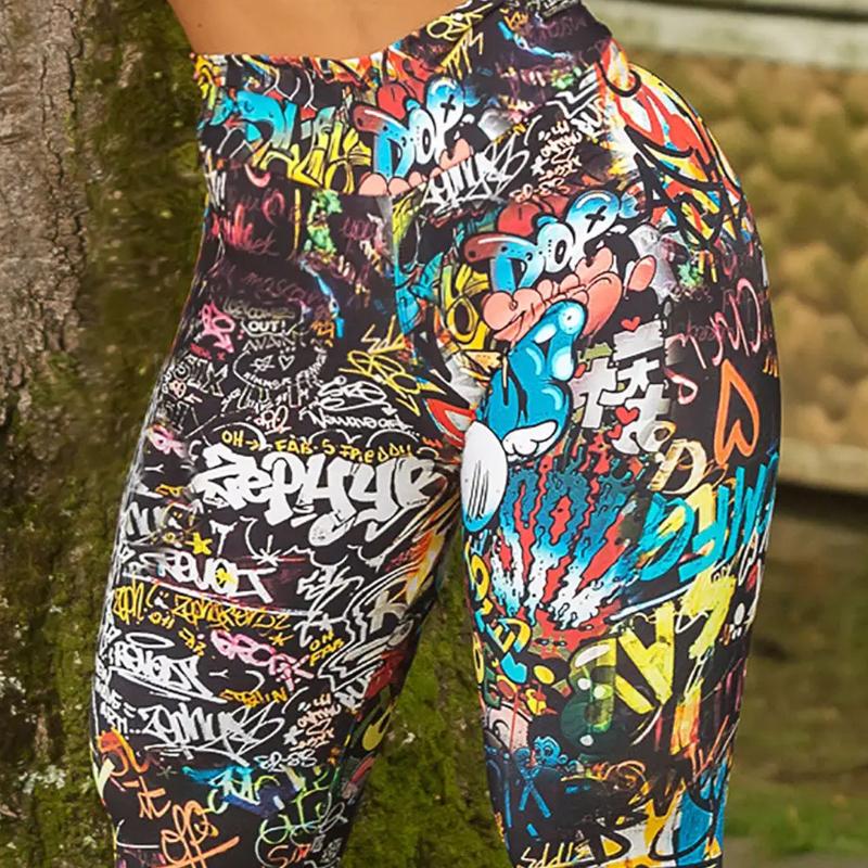 Fitness high elastic running sports leggings training yoga trousers cartoon letters graffiti high-waisted bottoms female