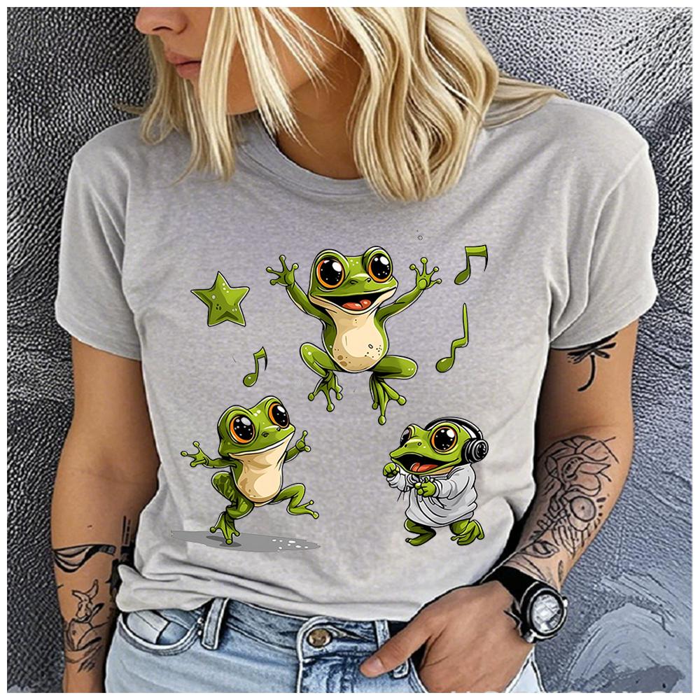 Unisex Polyester 100% Happy Jumping Big Eyes Frog Print T-Shirt Loose Round Neck Casual Short Sleeve Fashion Top for Summer