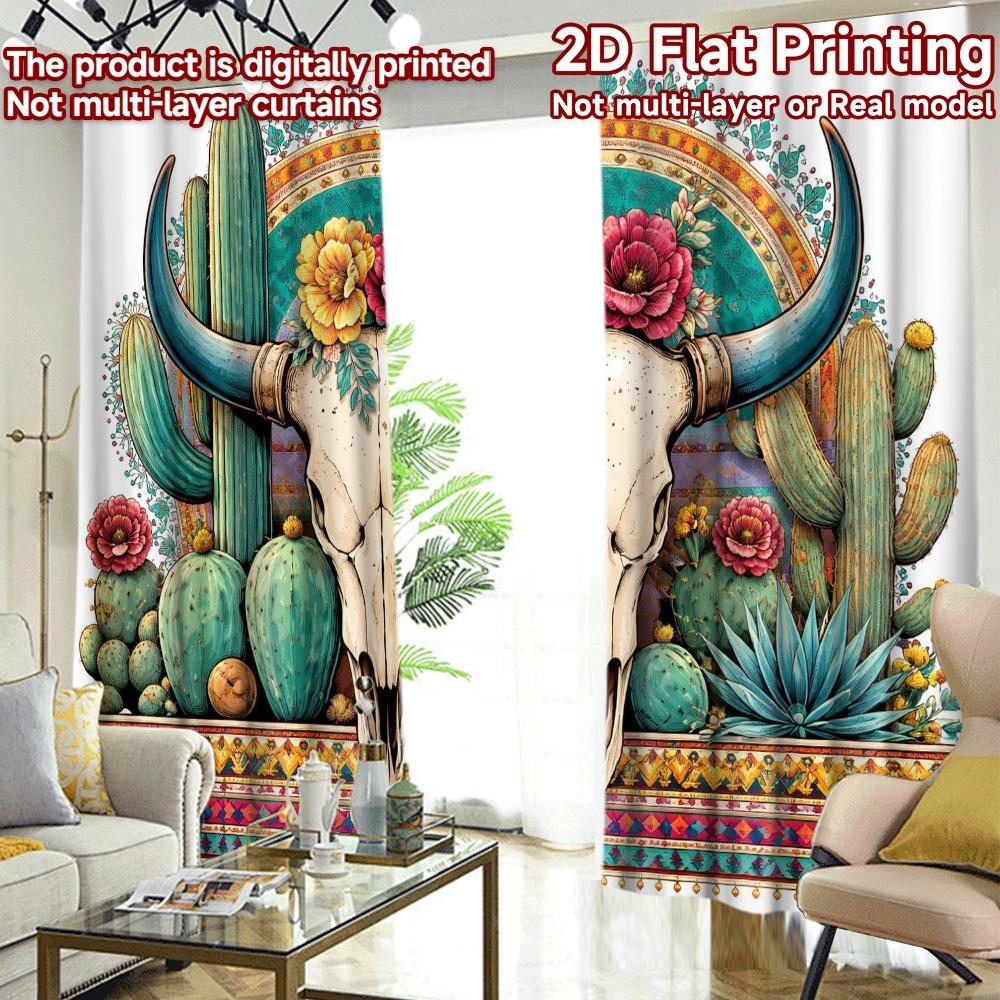 2D FLAT PRINTING 2pcs Curtains (Without Rod) Southwest Bull Skull Popular Pattern Curtains Machine Washable Fabric Curtains