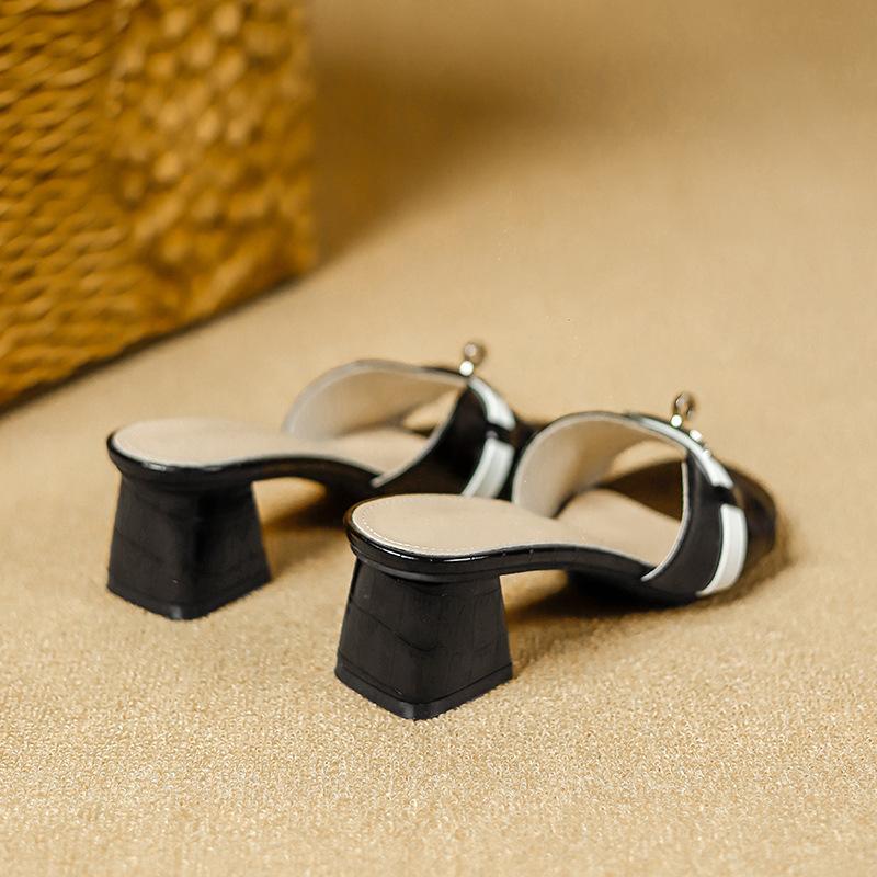 Summer Soft-soled H Slippers Beach Mid-heeled Sandals Small Gold Buckle Open-toe Slippers Women's Casual One-word Drag