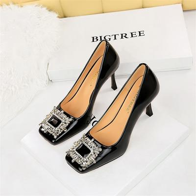 Fashion Fashion Elegant Women's Thin High Heels Shallow Mouth Cut Patent Leather Square Toe Metal Rhinestone Buckle Single Shoe