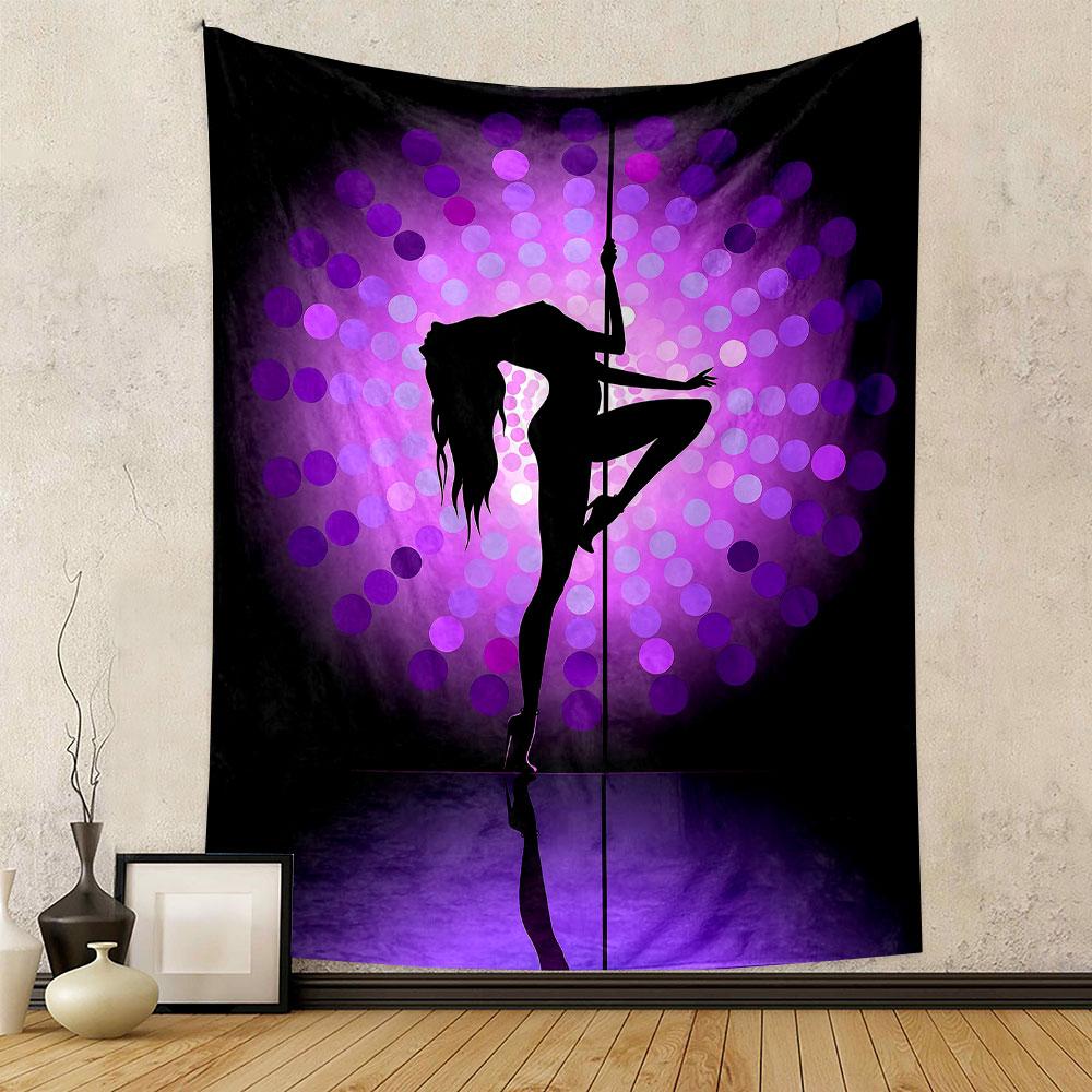 Silhouette of a dancing figure with colorful radial dot patterns. Patterned tapestry for bedroom and living room home decor