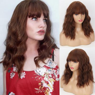 Color Marrón Natural Peluca Corta Ondulada para Mujer con Flequillo Fibra Sintética Cosplay Uso Diario Fiesta Largo al Hombro Peluca Ondulada