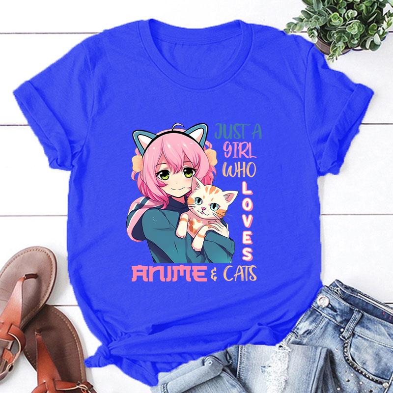New Hot Just A Girl Who Loves Anime Cats Printed T-Shirts Women Unisex Casual Loose Round Neck Creative Personalized T-Shirt