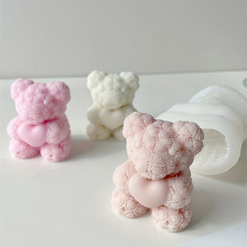 Love Rose Bear Mold Diy Aromatherapy Candle Cake Silicone Mold Home Decoration Creative Valentine'S Day Gift Silicone Stencils