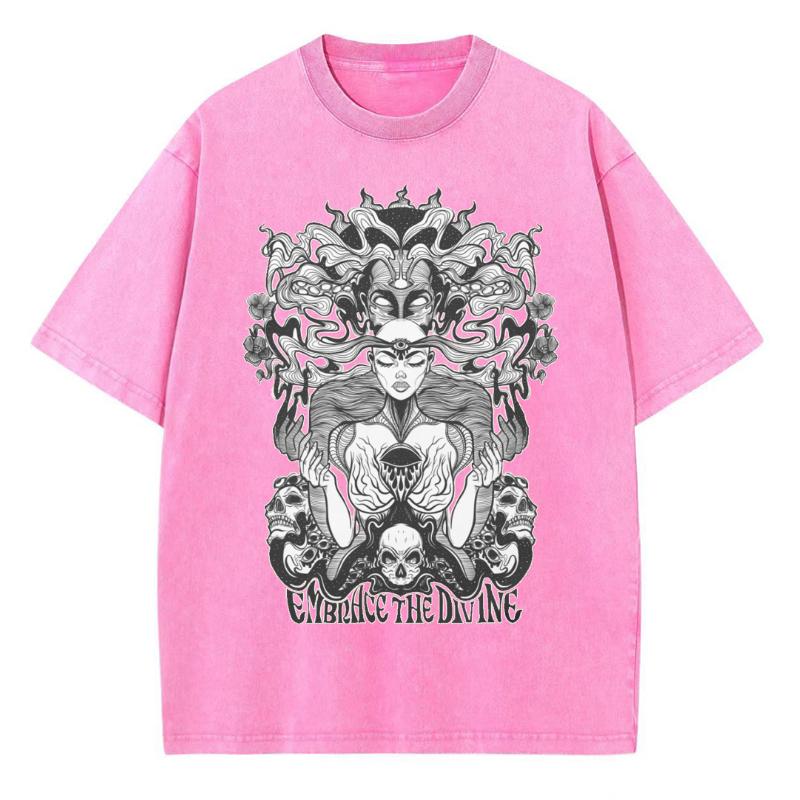 Embrace The Divine Printed Women T-Shirt Retro Washed Short Sleeved Tees High Street Distressed Style Tops