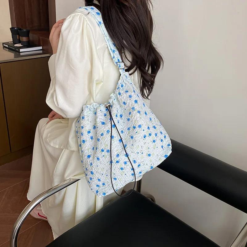 Casual Floral Drawstring Nyl Shoulder Bags for Women Fashi Large Capacity Ladies Crossbody Bag Commuter Girls Handbags Tote