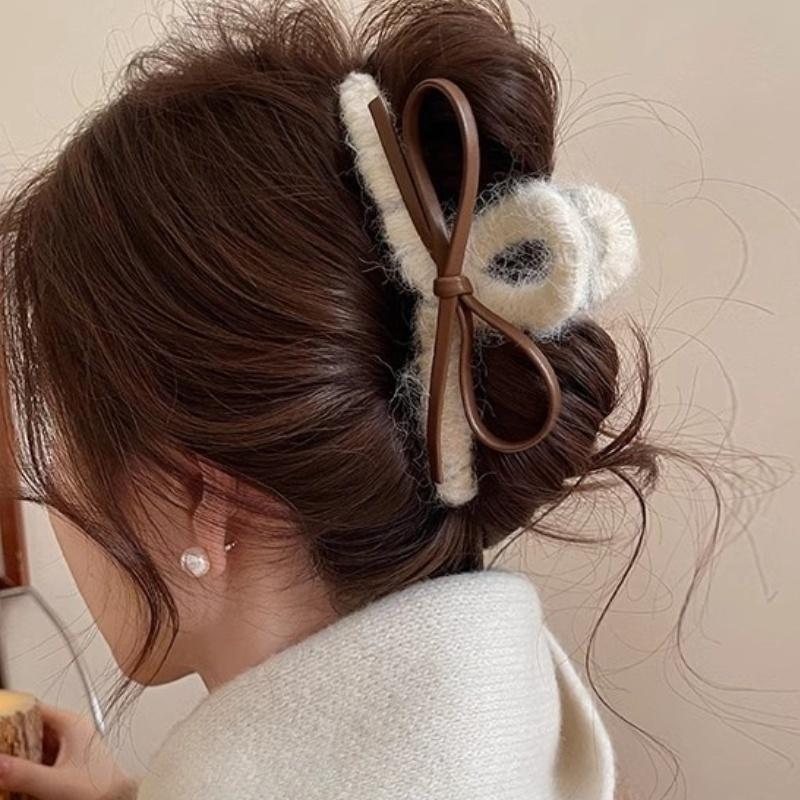 Plush Leather Bow Large Hair Claw Autumn/winter Furry Headband Womans Elegant Hair Pins Shark Clips Female Fashion Barrettes