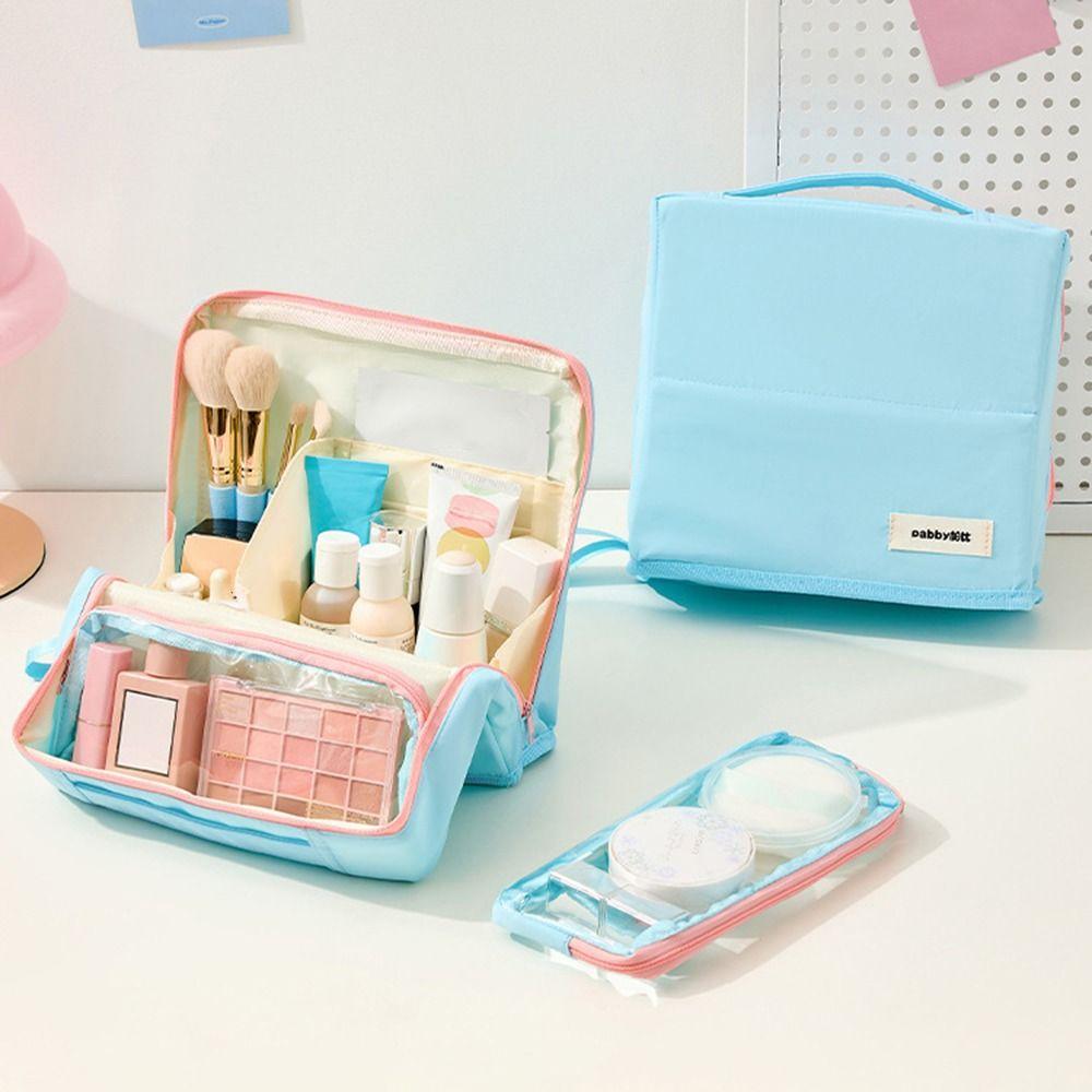 Large Capacity Vertical Makeup Bag Multi-Compartment Standable Skincare Storage Bag Portable Partitioned Student Stationery Bag