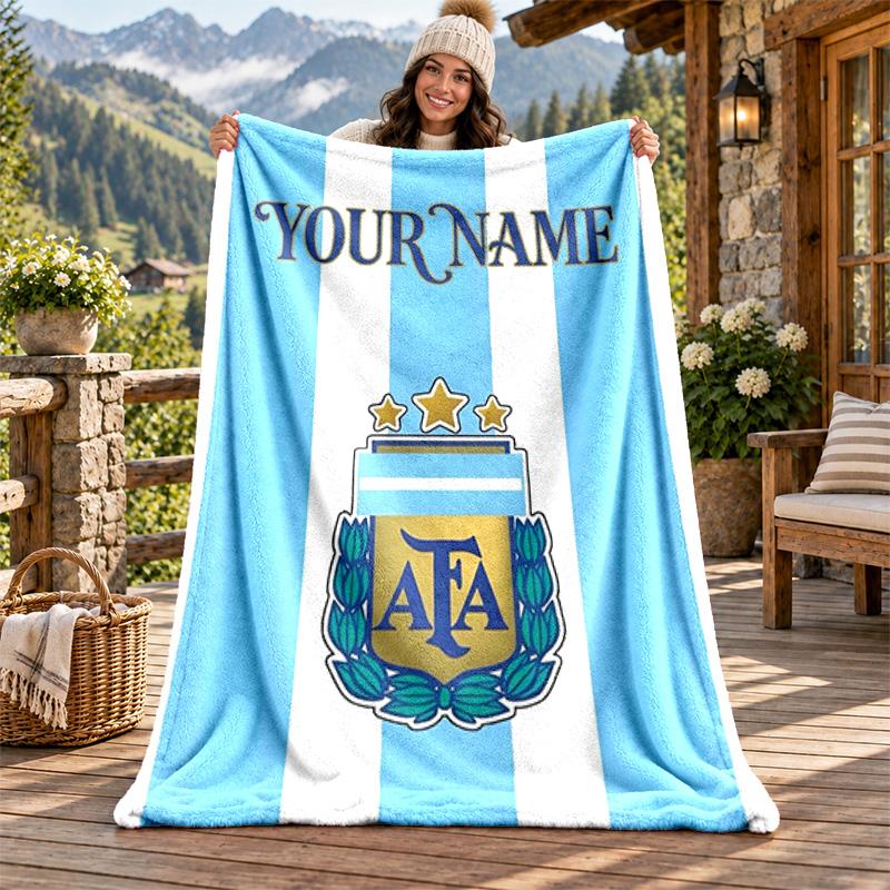 Argentina National Team Custom Name Flannel Blanket Personalized Soft Warm Plush Throw Blanket Customized Gift for Family Friends