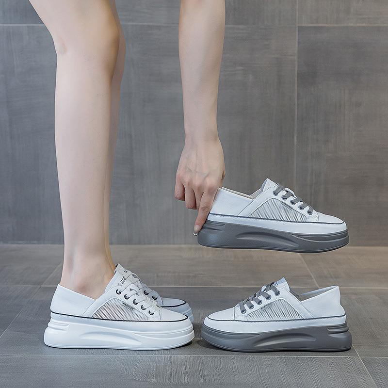Color Matching Mesh White Shoes Women's Summer Breathable Leather Thick-soled Lace-up Casual Single Shoes Muffin Baseplate Shoes