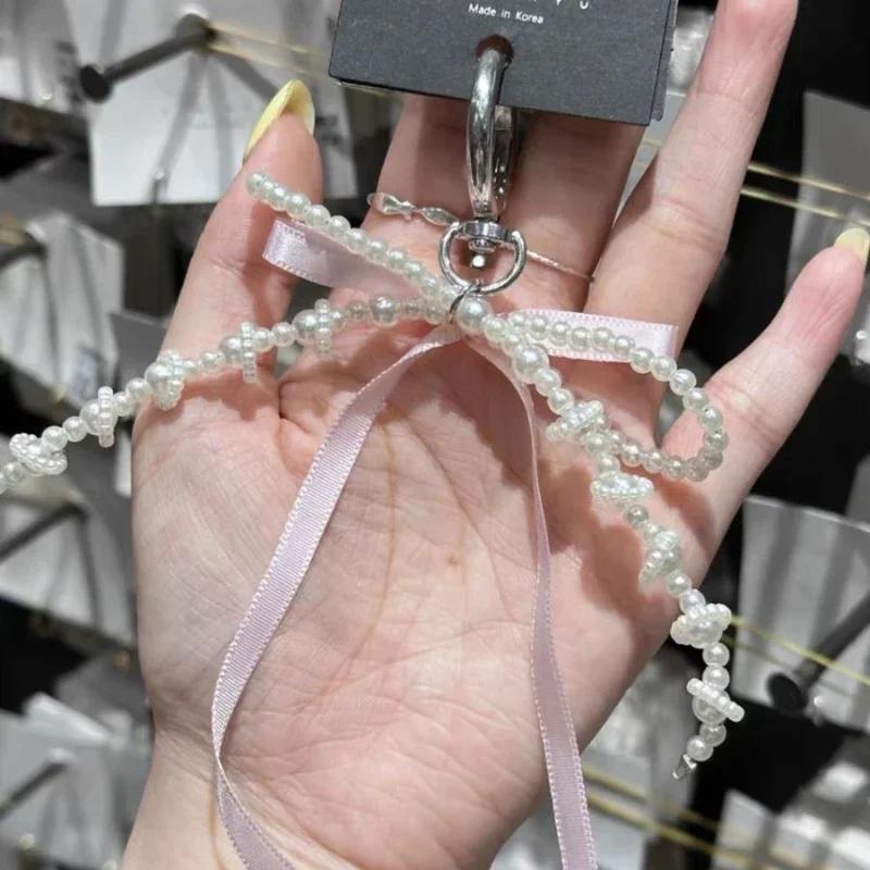 2026 New Korean Fashion Sweet Pearl Bow Keychain Phone Pendant Keyring Y2K Ins Aesthetic Holder for Girl Bag Pendant Accessories