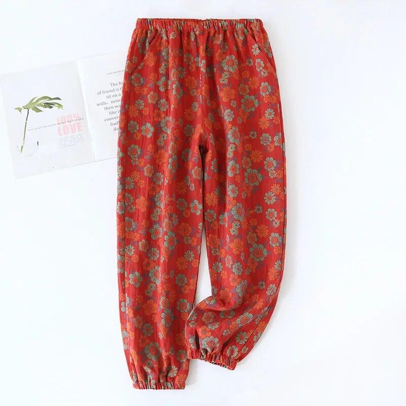 2026 Spring/Summer New Women's Sleeping Pants 100% Cotton Jacquard Cute and Fresh Flower Pants Loose Closing Home Pants Ladies