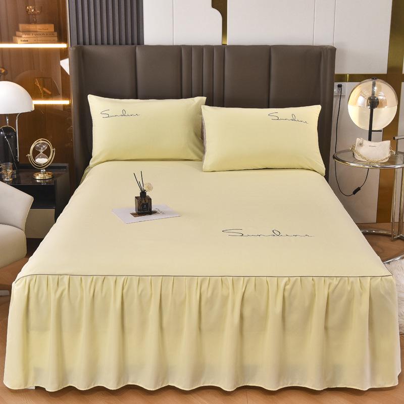 Solid Color Washed Cotton Lace Bed Skirt Mattress Protector