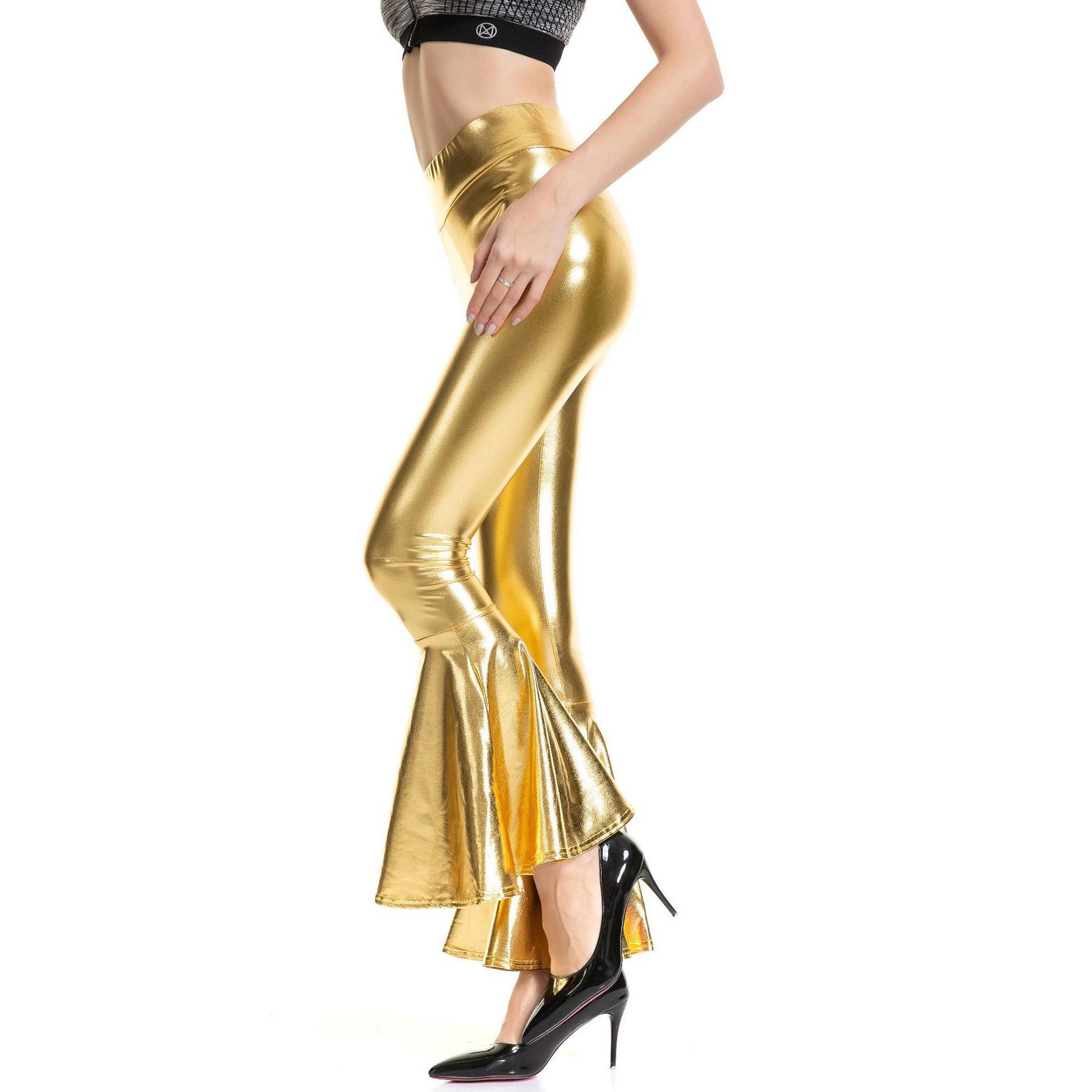 

Женские блестящие металлические расклешенные брюки из искусственной кожи с широкими штанинами, расклешенные брюки-палаццо в стиле диско с широкими штанинами 2XL золотой