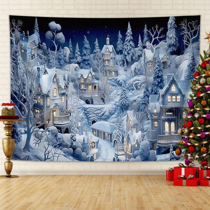 Fairy Tale Snow Village Christmas Tapestry, Enchanting Wall Art Background Cloth for Winter Living Room Decor