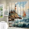 1pc Coastal Lighthouse Shower Curtain - Nautical Bathroom Decor with Red & White Lighthouse, Sailboat, Rocky Cliffs - Extra Larg