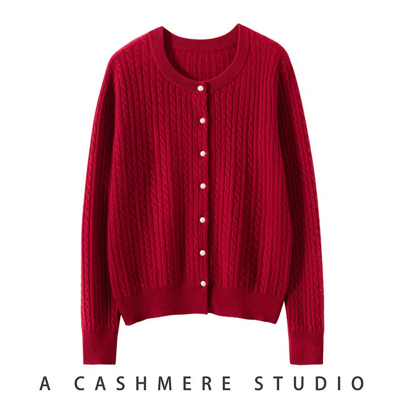 Women's Solid Cashmere Cardigan - 2024 Round Neck Cable Knit Loose Fit