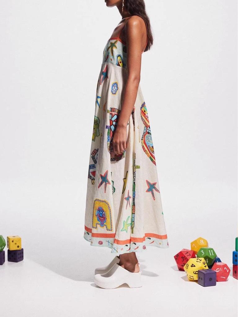 2026 Sexy European-American Style Graffiti Print Spaghetti Strap Wide Hem Dress