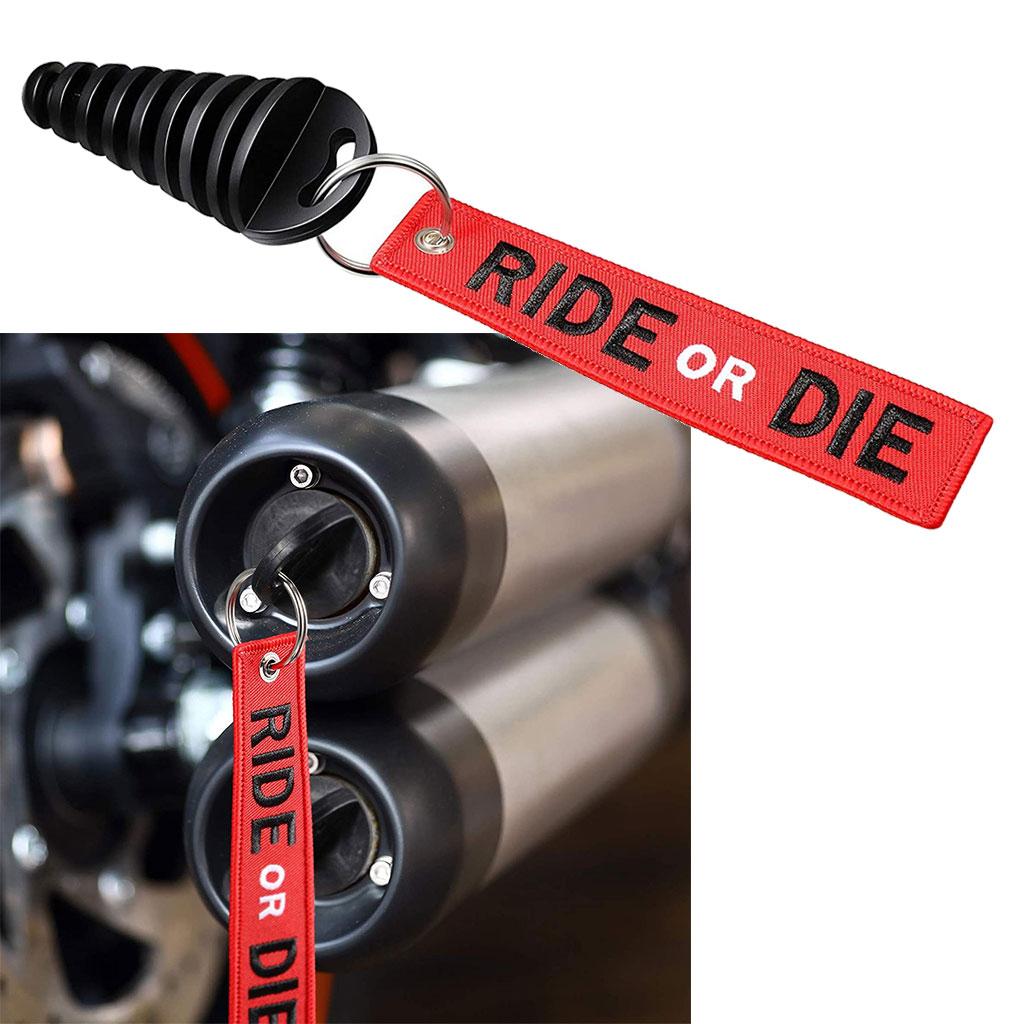Portable Small Black Exhaust Silencer Pipe Wash Plug with Embroidery for Key Holder Red RIDE OR DIE Keychain