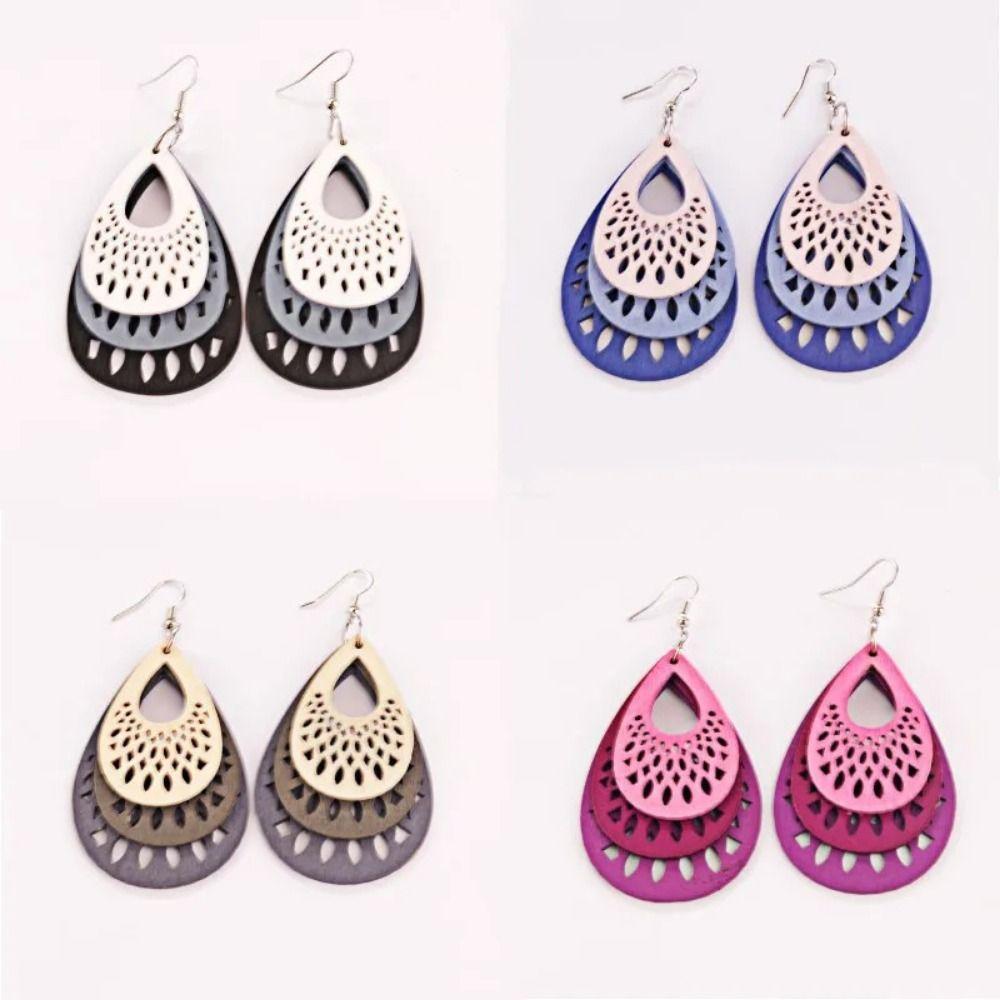 Bohemian Wood Drop Earrings Hollow Out Vintage Dangle Earrings Hawaiian Large Ethnic Earring  Girls