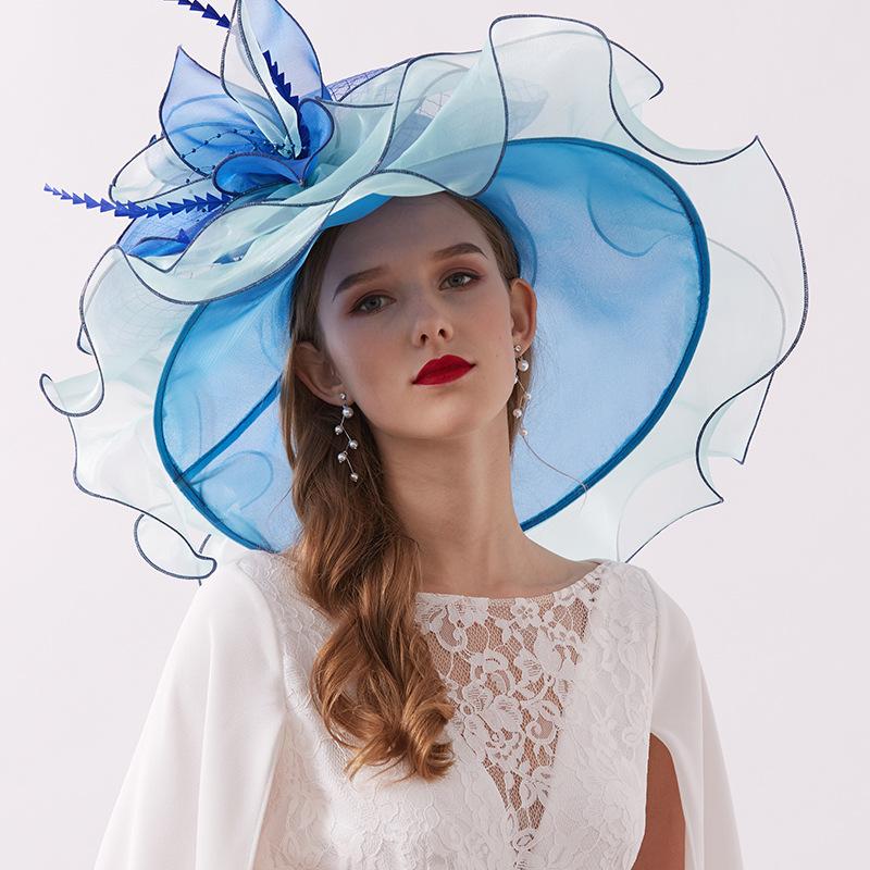 New fashion organza big eave hat, spring and summer women's embroidery flat-top crimped hat, embroidered adult hat