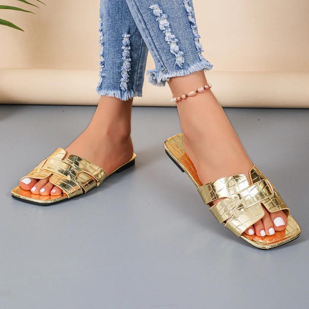 Goldene flache Damen-Sandalen mit offenem Absatz Ledersandalen Badeschuhe Strandschuhe Bequeme Slip-On-Sandalen für Damen