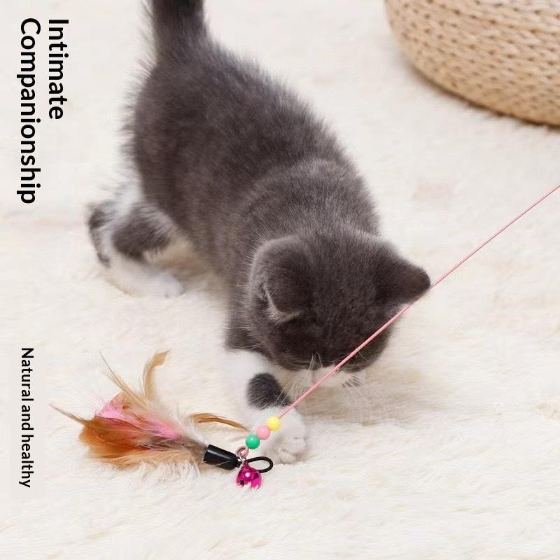 Flexible Steel Wire Cat Teaser Wand with Soft Feather Crisp Bell Interactive Play Toy for Indoor Cats Daily Play