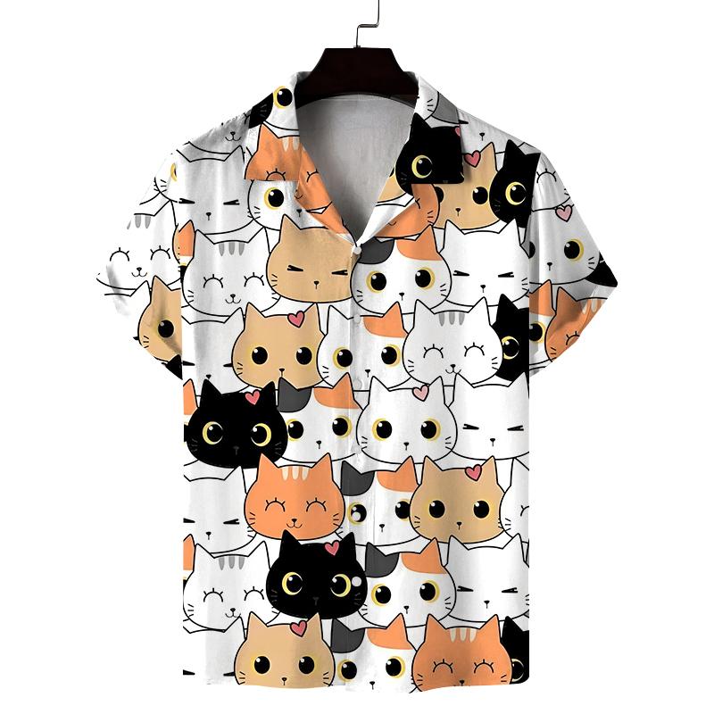 New Summer Shirt Men's Short Cat Pattern 3D Printed Design Casual Commuting Fashion All-Match Personality Breathable Daily