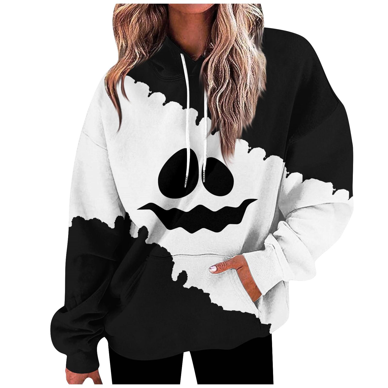 

Женская мода свободная повседневная повседневная толстовка с длинным рукавом Хэллоуин улыбка принт толстовка топ XL белый