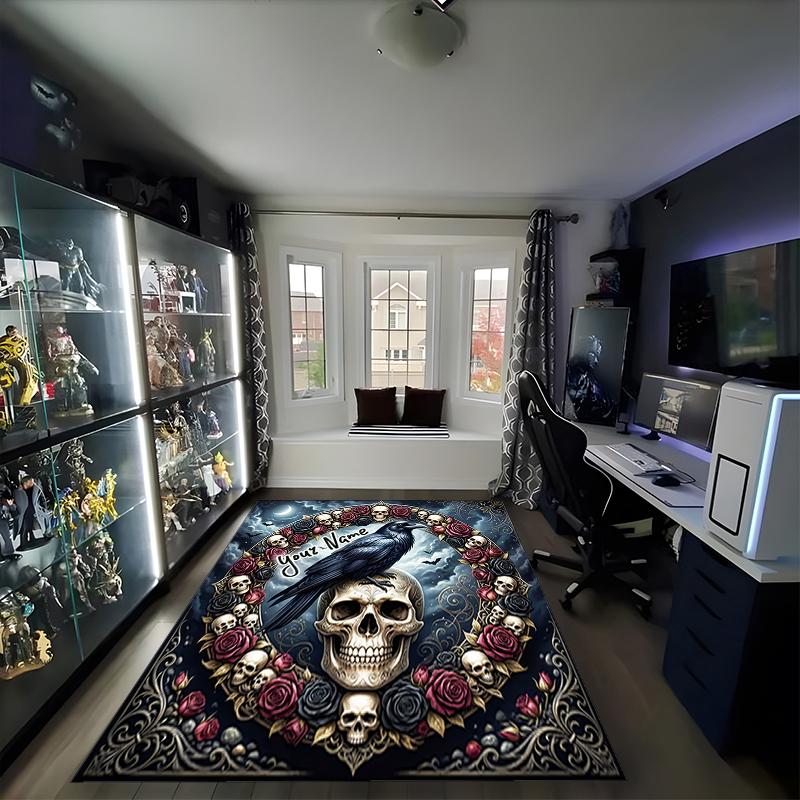 1PC Custom Name Raven Skull Roses Moon Night Theme Floor Mat Ideal for Living Room, Game Rooms, Office, Bedroom,Floor Mat Playful Design