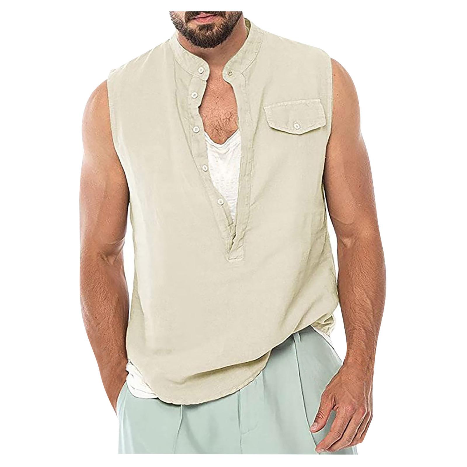 

(Куниде) Мужской хлопковый льняной камзол с воротником, свободный жилет без рукавов, свободная футболка на пуговицах, топ, толстовка для фитнеса XXL бежевый