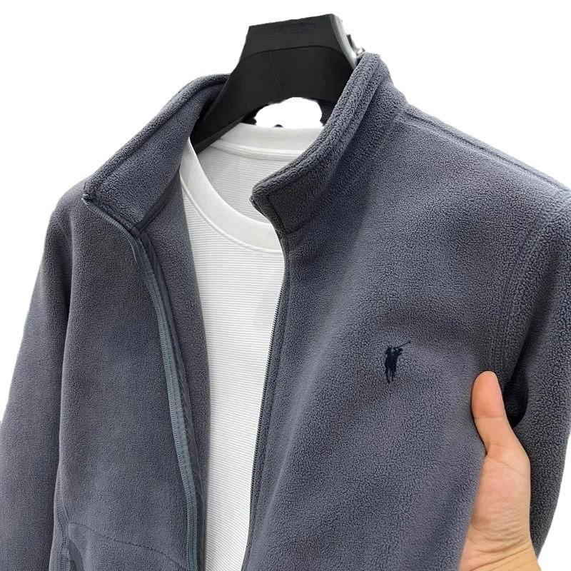 Men's Versatile American-Style Fleece Hoodie - Solid Color, Thickened, Stand Collar, Loose Fit, Plus Size, Wear-Resistant Outerwear
