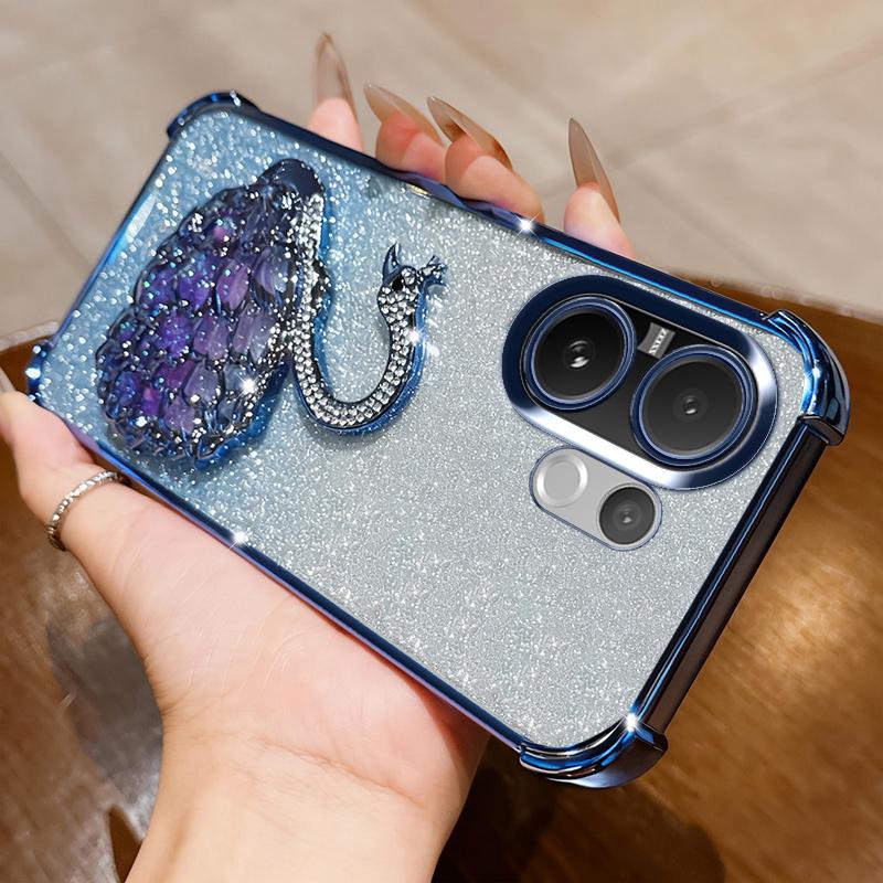 KEYSION Shockproof Plating Phone Case for VIVO V60 5G Clear Soft TPU Glitter Jewelled Swan Kickstand Back Cover for VIVO V60