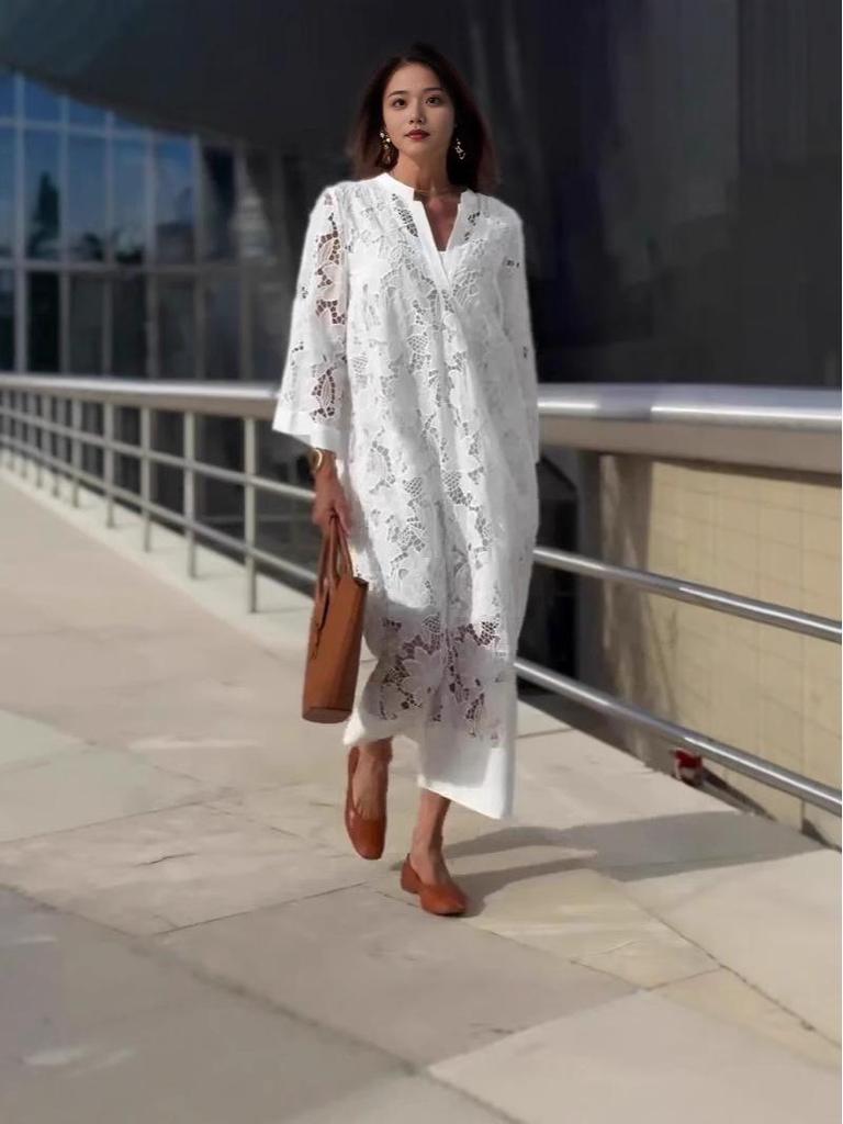 In Stock: New Casual Loose Lace V-Neck Dress Two-Piece Set